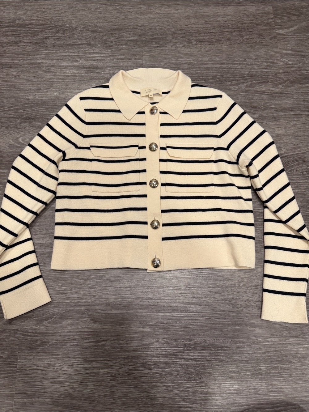 Sézane Betty Cardigan Cream & Black Striped Button-Front Sweater Jacket